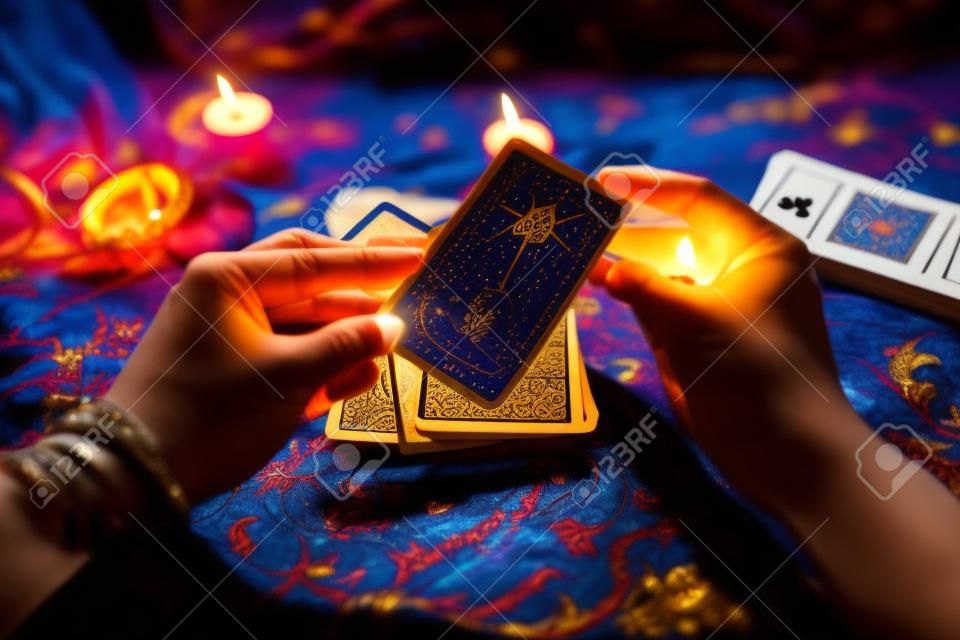 Pokaż wróżbitom ręce trzymające karty tarota i czytnik tarota ze świecą na stole, wykonując odczyty magiczne występy, rzeczy przewidujące mistyczne astrologów koncepcja