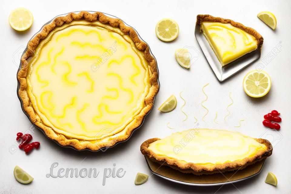 top view, side, slice of fresh lemon pie isolated on white background