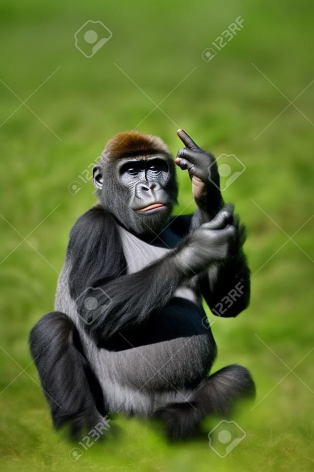 Divertida imagen de un joven gorila pegado en su dedo medio