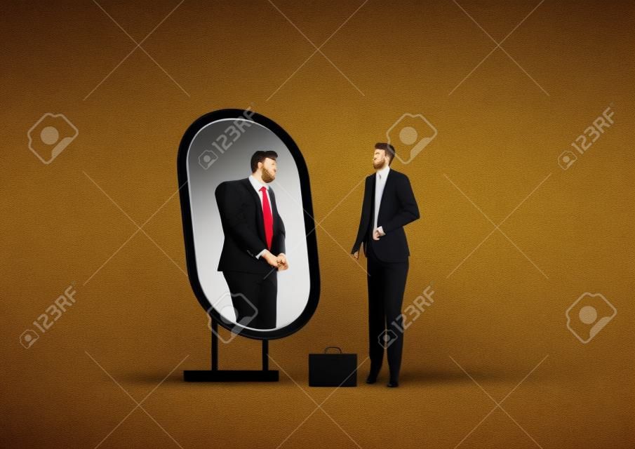 business man looking mirror and seeing themselves as fat person. Underestimate yourself and obsession pretend concept.