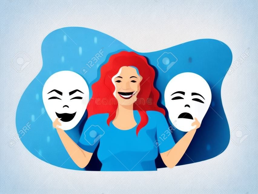 Imposter syndrome; masks with happy or sad expressions.Bipolar disorder; fake faces and emotions. Psychology; false behavior or deceiver.vector illustrator