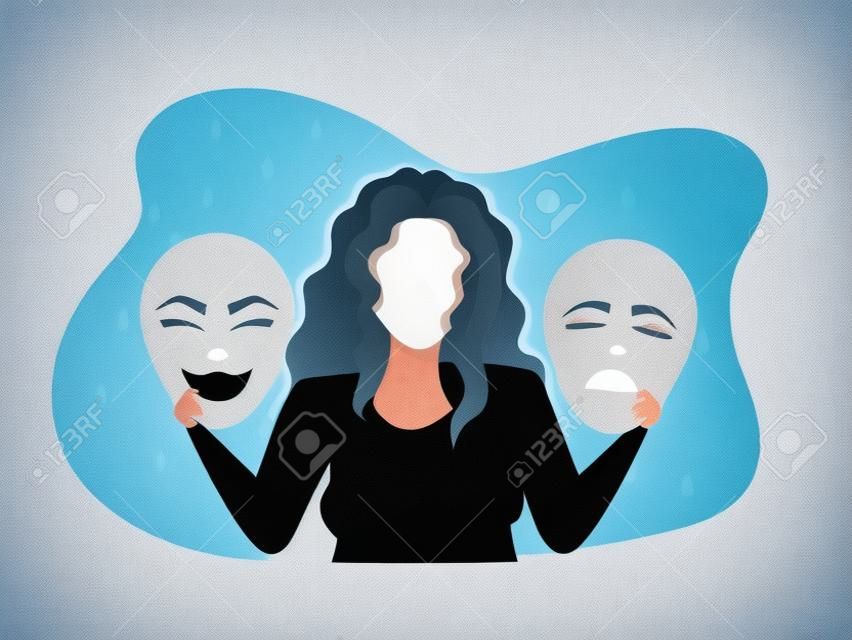 Imposter syndrome; masks with happy or sad expressions.Bipolar disorder; fake faces and emotions. Psychology; false behavior or deceiver.vector illustrator
