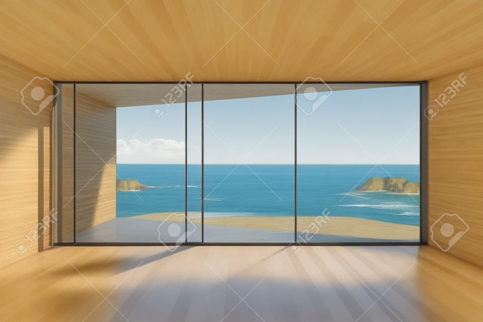 Vide salon moderne avec grande baie vitrée et vue sur mer