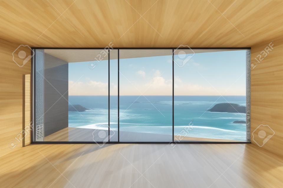 Vide salon moderne avec grande baie vitrée et vue sur mer