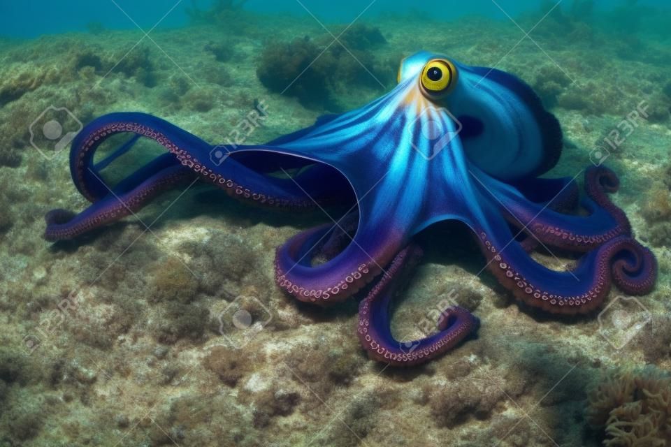 Octopus (Octopus vulgaris Cuvier, 1797) oder Octopus ist ein Kopffüßer der Familie Octopodidae auf See, freier Oktopus im Mittelmeerraum