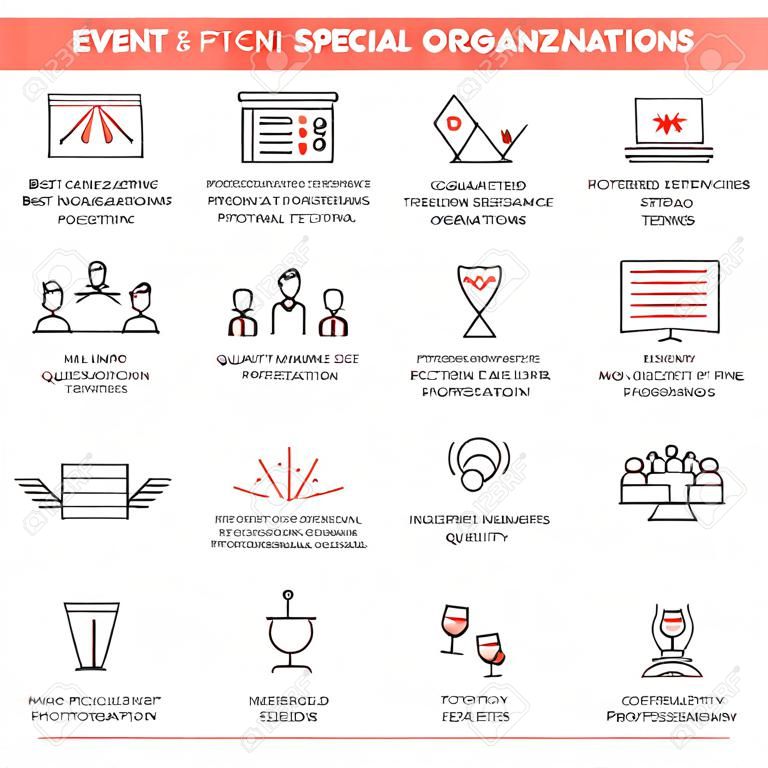 Vector set of 16 thin icons related to event management, event service and special event organization. Mono line pictograms and infographics design elements - part 2