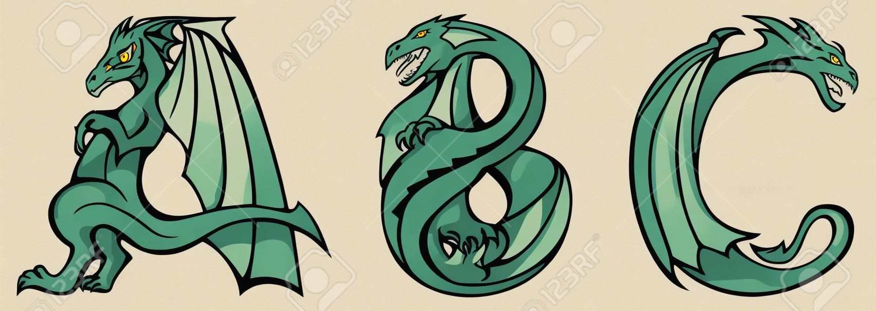 ドラゴンのアルファベット、手紙 A のシリーズ、B, C, ファンタジー ドラゴン形状フォント、ベクトル イラスト
