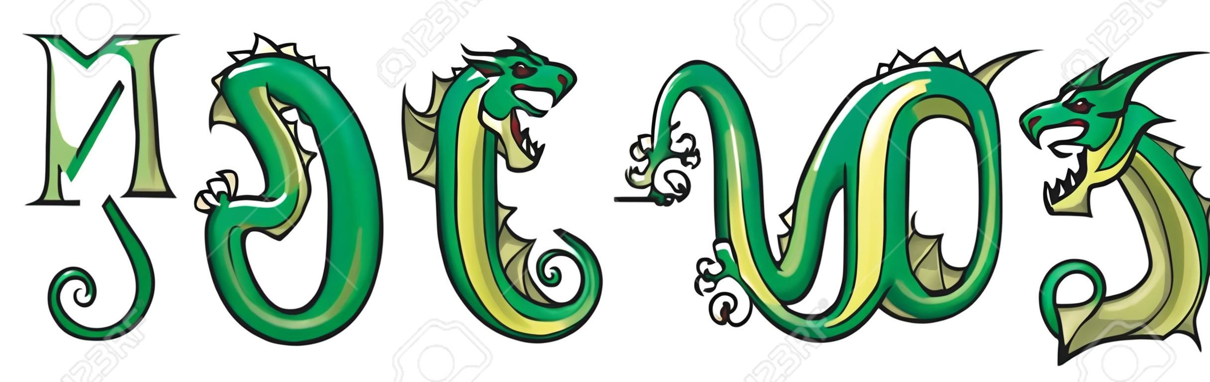 シリーズのドラゴンのアルファベットの手紙 M、N、O、ファンタジー ドラゴン形状フォント、ベクトル イラスト