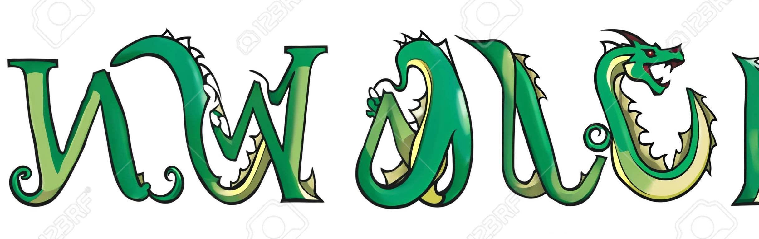 シリーズのドラゴンのアルファベットの手紙 M、N、O、ファンタジー ドラゴン形状フォント、ベクトル イラスト