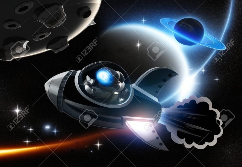 Spaceship with astronaut approaching a planet,