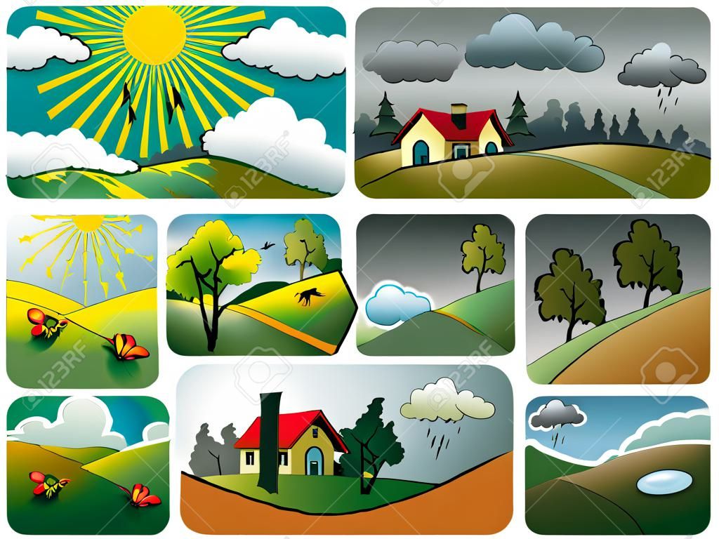 Set di paesaggi climatiche diverse: soleggiato, nuvoloso, nuvoloso e piovoso,