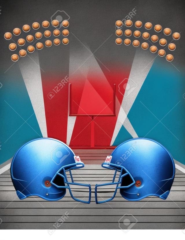 Illustration de casques de football américain sur un champ.