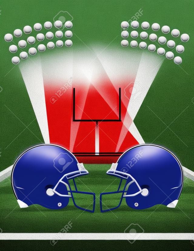 Illustration de casques de football américain sur un champ.