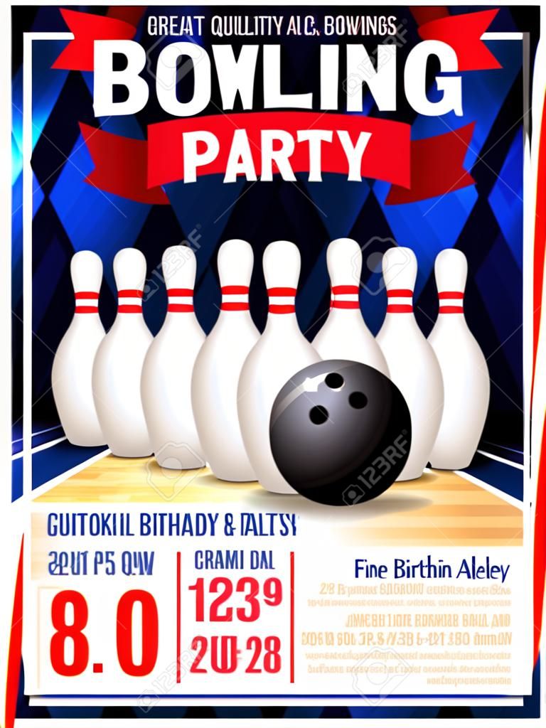 Un modello volantino bowling festa grande per le feste di compleanno, campionati e tornei di bowling.