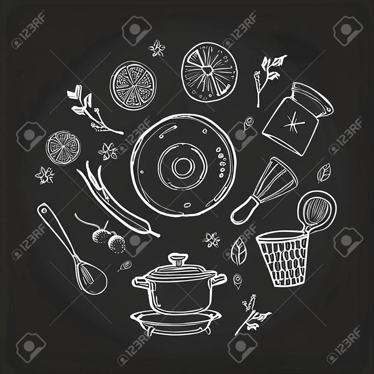circle made of elements with hand drawn kitchenware on a chalkboard background. Vector icons in black and white sketch style. Hand drawn isolated objects