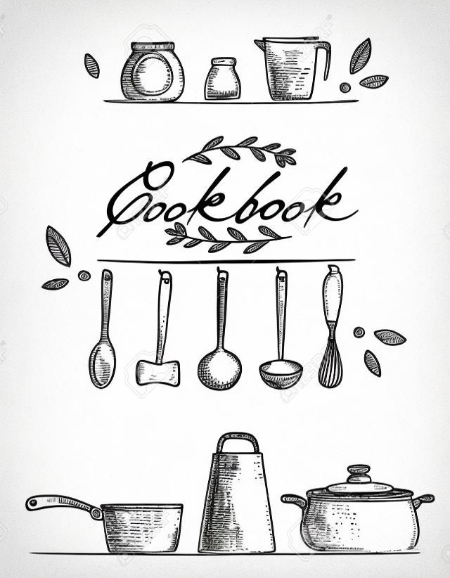 capa de livro de receitas com utensílios de cozinha desenhados à mão, especiarias e letras em um fundo branco. Vector ícones pretos em estilo esboço. Objetos desenhados à mão