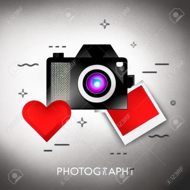 Photo camera, printed photos and heart. Photography lovers and favorite hobby concept. Photo service advertisement, logo. Vector illustration in flat style for website, banner, header, promo.