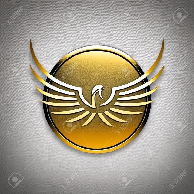 Eagle Logo Ikona Szablon. Wektor stock. Eagle Logo Design Ikona. Stylizowany orzeł rozpościera swoje skrzydła. Złoty i srebrny kolor na ciemnym tle.