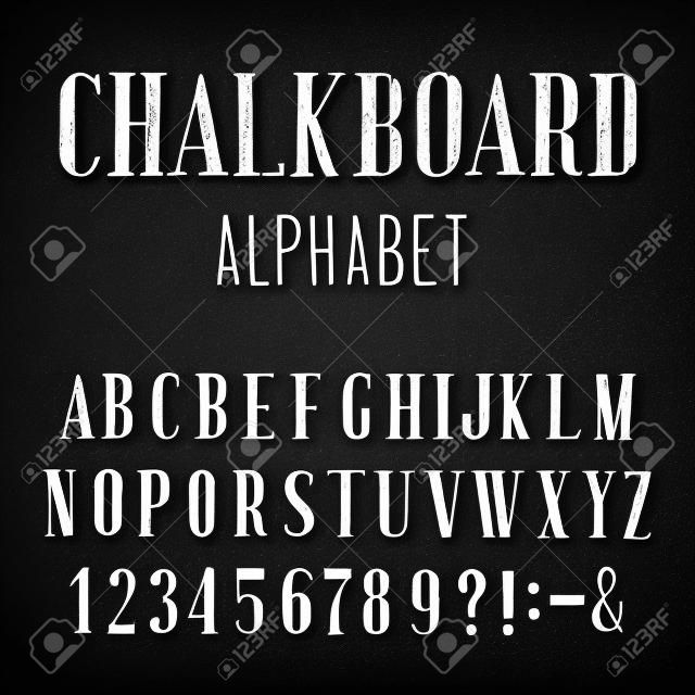 Chalkboard Alphabet Vector Font. Type letters numbers and punctuation marks. Distressed chalk vector serif font on the dark background. Hand drawn letters.