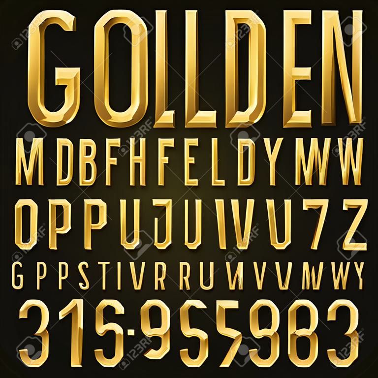 Goldene Beveled Narrow Font. Vector Alphabet. Gold Effekt abgeschrägte schmale Buchstaben, Zahlen und Satzzeichen. Vektor für Ihre Headlines, Plakate usw.