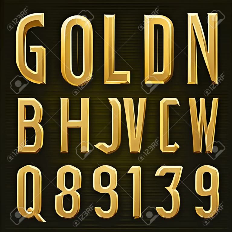 Golden Afveled Narrow Font. Vector Alphabet. Goud effect afgeschuind smalle letters, cijfers en leestekens. Stock vector voor uw krantenkoppen, posters etc.