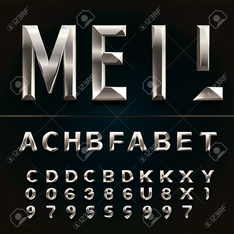 Metall Beveled Font. Vector Alphabet. Metalleffekt abgeschrägte Buchstaben, Zahlen und Satzzeichen auf einem dunklen Hintergrund. Vektor Schriftart für Ihre Headlines, Plakate etc.