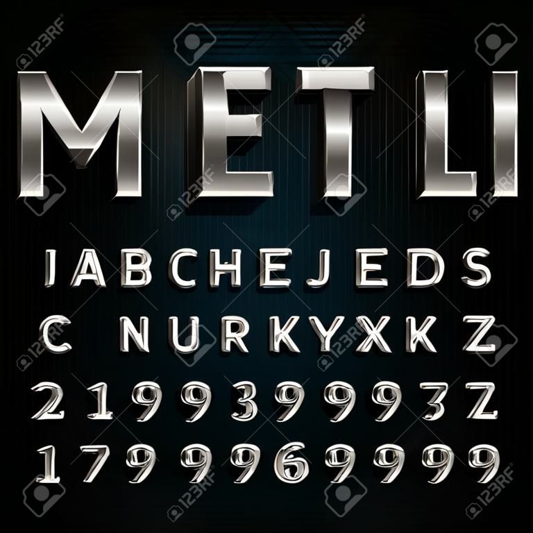 Metall Beveled Font. Vector Alphabet. Metalleffekt abgeschrägte Buchstaben, Zahlen und Satzzeichen auf einem dunklen Hintergrund. Vektor Schriftart für Ihre Headlines, Plakate etc.