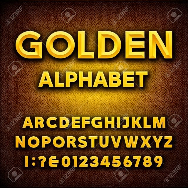 Goldene Beveled Font. Vector Alphabet. Gold Effekt abgeschrägte Buchstaben, Zahlen und Satzzeichen auf einem dunklen Hintergrund. Vektor-Schriftart für Ihre Headlines, Plakate usw.