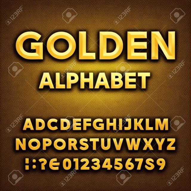 Altın Beveled Yazı. Vektör Alfabe. Altın etkisi karanlık bir arka plan üzerinde harfler, sayılar ve noktalama işaretleri eğimli. Vb başlıklar, posterler için stok vektör yazı