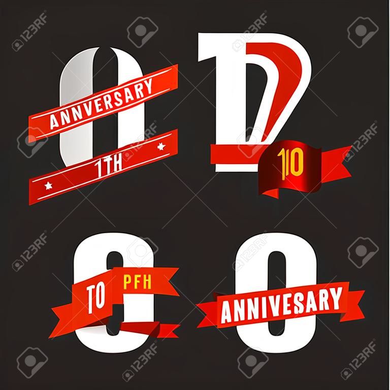 The set of 10th anniversary signs. The set of 10th anniversary signs in different styles. Design elements. Stock vector.