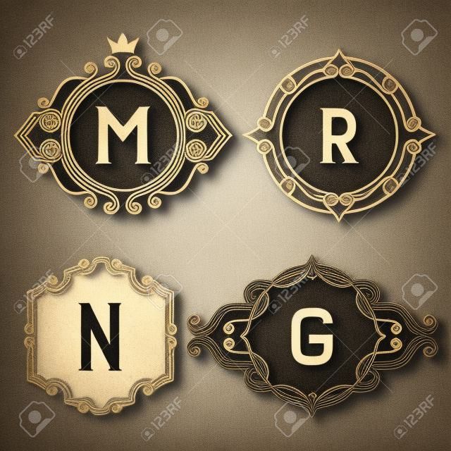The set of stylish vintage monogram emblem and logo templates. Elegant retro business sign, identity, label for hotel, cafe, boutique, jewelry. Stock vector.