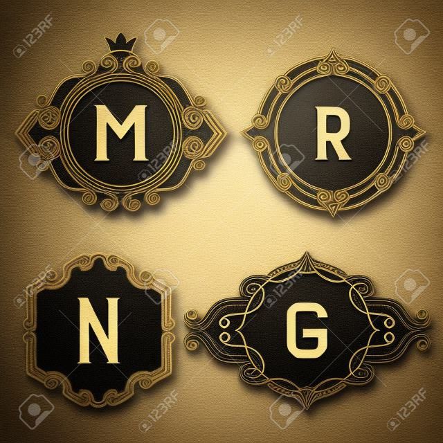 The set of stylish vintage monogram emblem and logo templates. Elegant retro business sign, identity, label for hotel, cafe, boutique, jewelry. Stock vector.