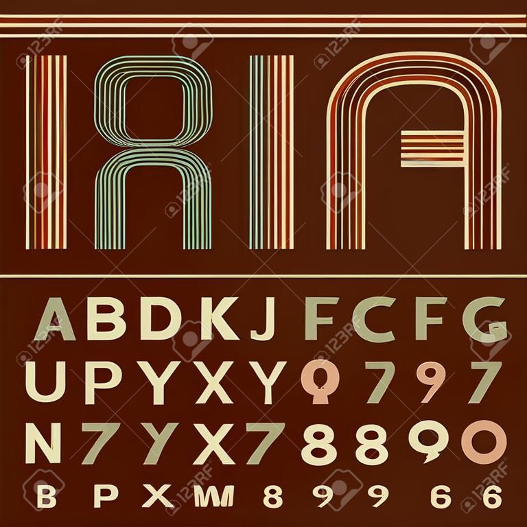 Retro stile striscia vettore alfabeto font. Sans serif lettere tipo funky, numeri e simboli di design alla moda. Vettoriali tipografia per i titoli, manifesti in stile anni '70, ecc Facile cambiare colore.