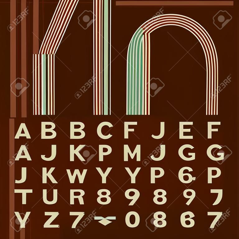 Retro stijl streep alfabet vector lettertype. Sans serif type funky letters, cijfers en symbolen in trendy design. Stock vector typografie voor krantenkoppen, posters in 70s stijl etc. Gemakkelijke kleurverandering.