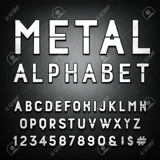 Metallo Alphabet Font Vector. Digitare lettere, numeri e segni di punteggiatura. Lettere effetto cromato su sfondo scuro. Vettore comporre per i titoli, manifesti ecc