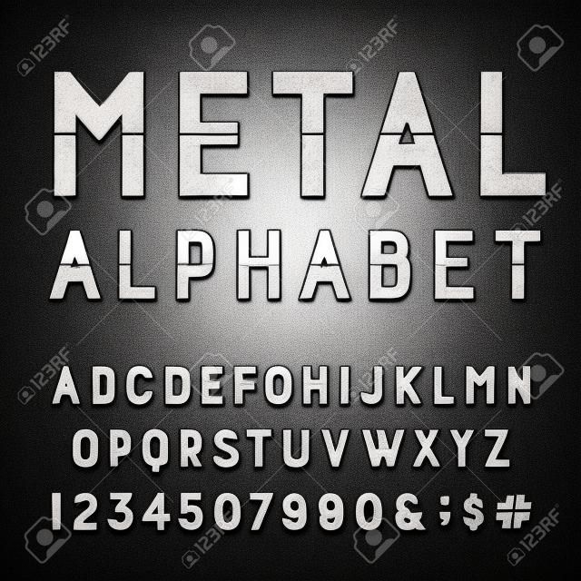Metal Alphabet Vector Font. Type letters, numbers and punctuation marks. Chrome effect letters on dark background. Vector typeset for headlines, posters etc.