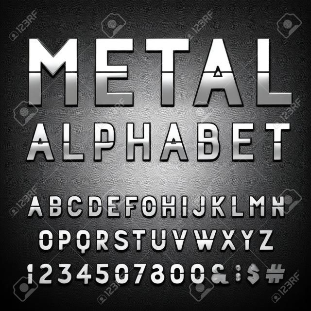 Metallo Alphabet Font Vector. Digitare lettere, numeri e segni di punteggiatura. Lettere effetto cromato su sfondo scuro. Vettore comporre per i titoli, manifesti ecc
