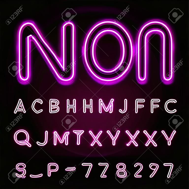 Police de l'alphabet violet néon clair. Lettres, chiffres et symboles à effet néon sur fond sombre. Caractère de vecteur pour les étiquettes, les titres, les affiches, etc.