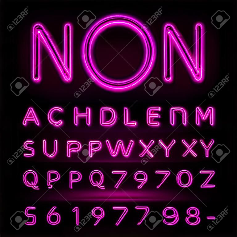 紫色霓虹燈字母字體。霓虹燈效果字母，數字和符號在黑暗的背景。矢量字體的標籤，標題，海報等。