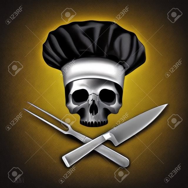 The skull in toque and crossed knife and fork. illustration.