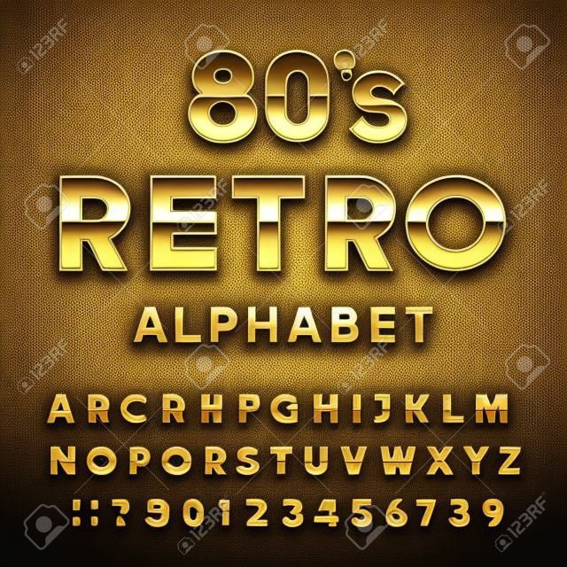 80 년대 레트로 알파벳 벡터 글꼴입니다. 금속 효과 반짝 문자 및 숫자입니다. 전단지, 헤드 라인, 포스터 등을위한 벡터 타이포그래피