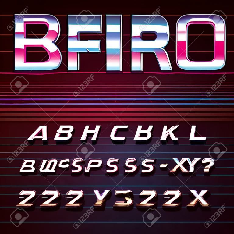 80-ретро алфавита векторный шрифт. Металлический эффект буквы и цифры на 80-стиль фона. Вектор типографики для листовок, заголовки, плакаты и т.д.