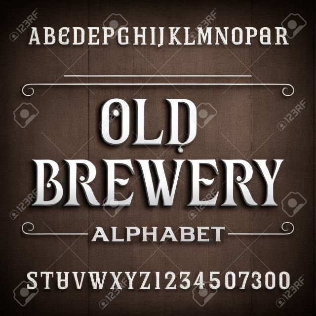 Alte Brauerei Alphabet-Vektor-Schriftart. Geben Sie Buchstaben und Zahlen auf dem dunklen hölzernen Hintergrund. Vintage-Vektor-Typografie für Etiketten, Schlagzeilen, Plakate etc.
