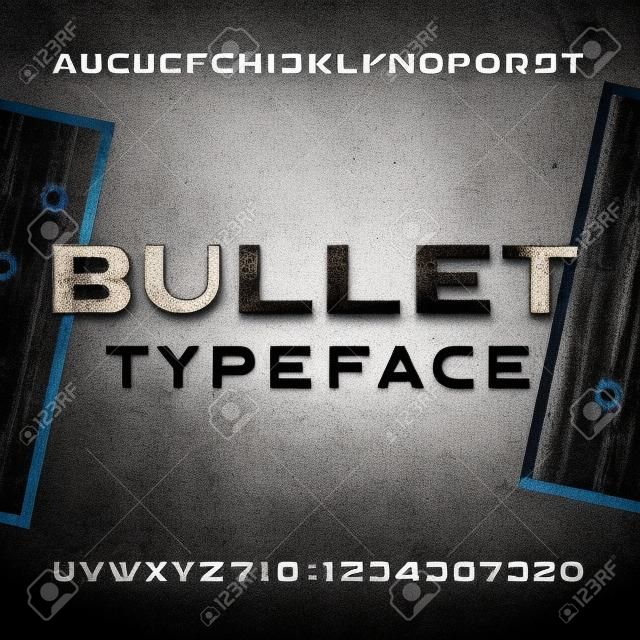Bullet Hole Alphabet Lettertype. Bedroefde metalen letters en cijfers met kogelgaten en krassen op een donkere achtergrond. Voorraadtype voor uw ontwerp.