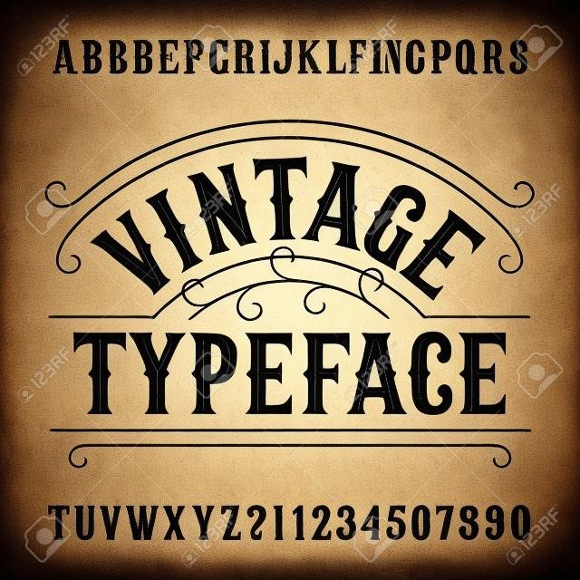 Vintage typeface. Retro distressed alphabet font. Hand drawn letters and numbers.