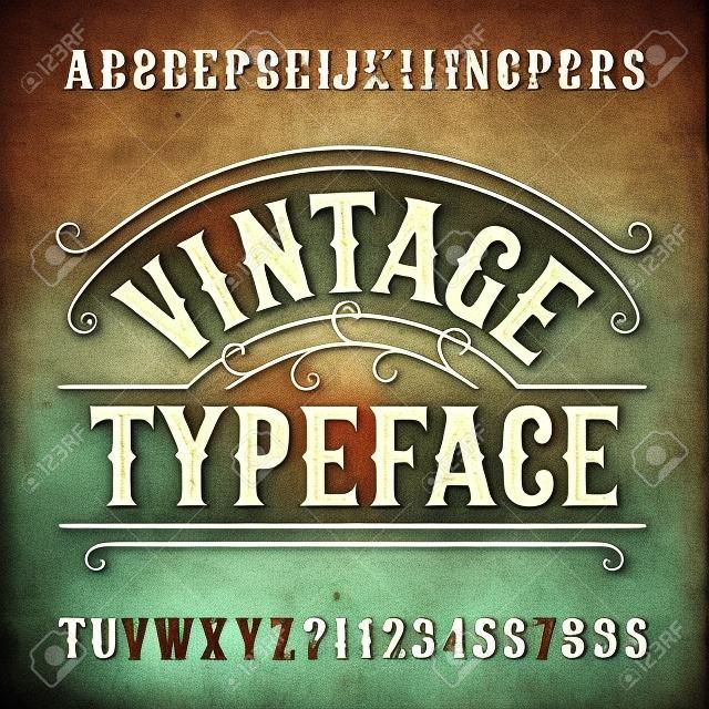 Vintage typeface. Retro distressed alphabet font. Hand drawn letters and numbers.