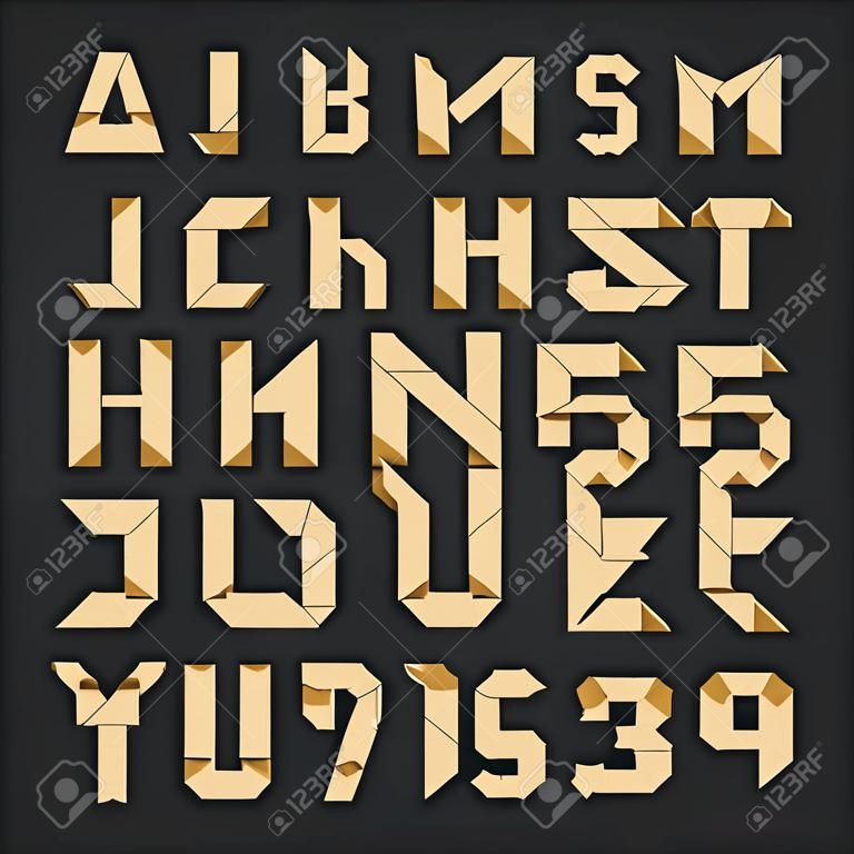 折り紙アルファベットのフォントです。テクスチャ紙の種類の文字と数字。あなたのデザインのベクトル タイポグラフィ。