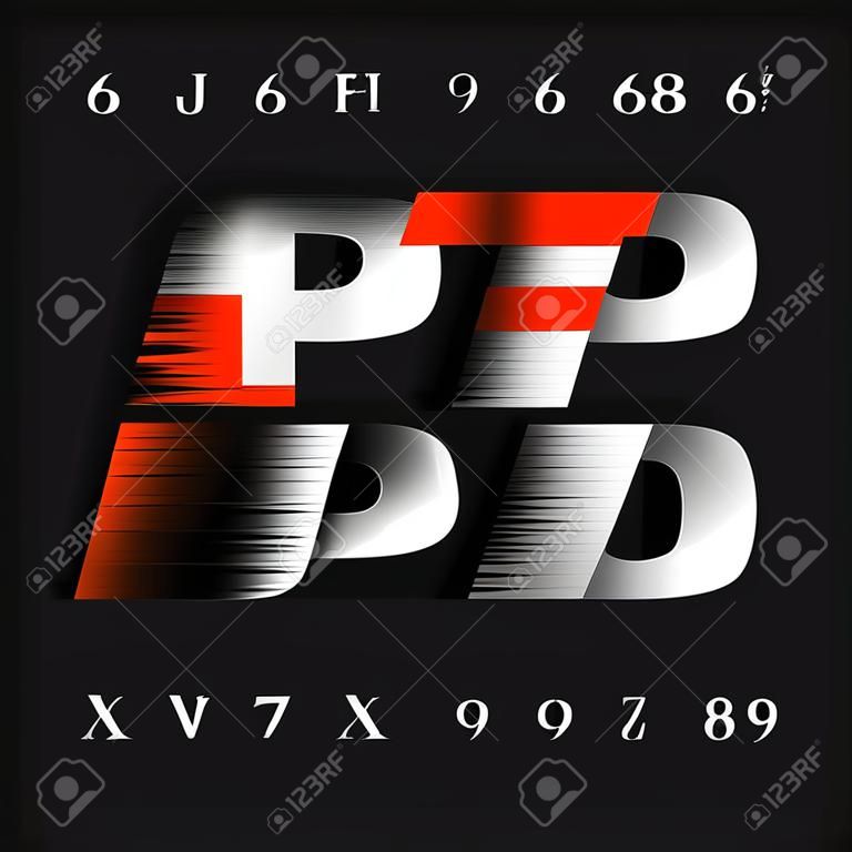 La police d'alphabet de vitesse. L'effet de vent tape les lettres et les chiffres sur un fond sombre. Caractère vectoriel pour votre conception.