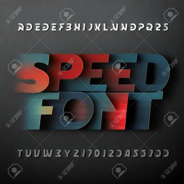 Velocidade da fonte??alphabet. Tipo de efeito de vento letras e números em um fundo escuro. Tipo de letra vetorial para o seu design.