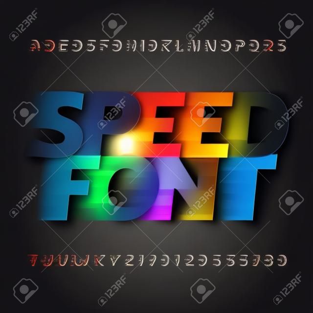 Speed ??alphabet font. Wind effect type letters and numbers on a dark background. Vector typeface for your design.